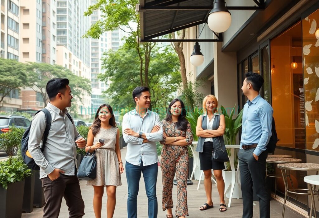 Group of young professionals socializing outside a cafe