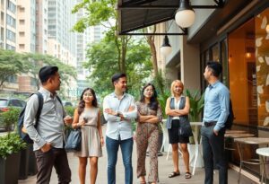 Group of young professionals socializing outside a cafe