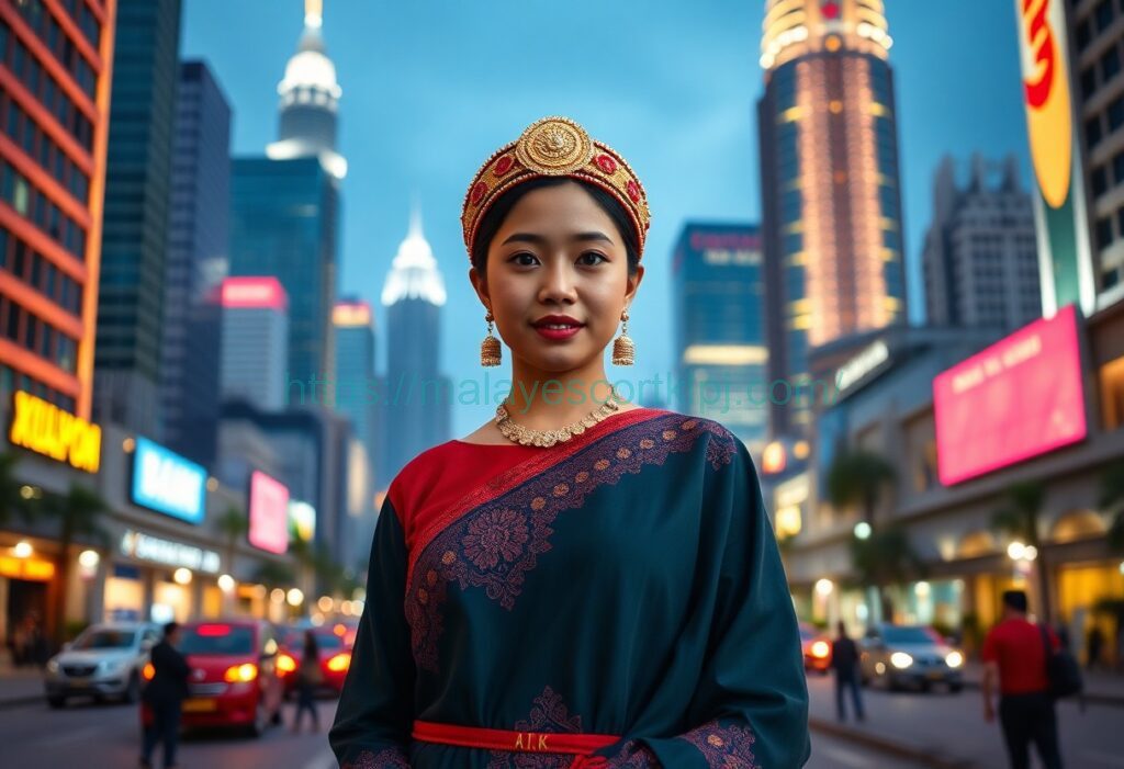 Young woman in traditional Southeast Asian attire stands in a modern city.
