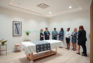 Business professionals gather around a modern, minimalist funeral home preparation table.