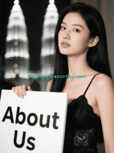 Woman in black dress holding "About Us" sign with cityscape