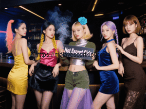 Five women in stylish dresses pose together, holding a sign that says "Hot Escort Girls.