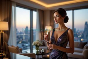 Elegant woman in evening gown holding champagne in a luxury penthouse with city view.
