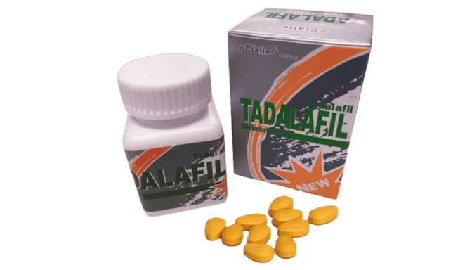 Tadalafil pills, bottle, and box. Text reads "Tadalafil.