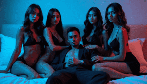 Man in suit surrounded by women in lingerie on a bed