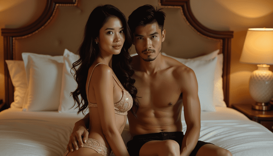 Couple posing on a bed in a luxurious room