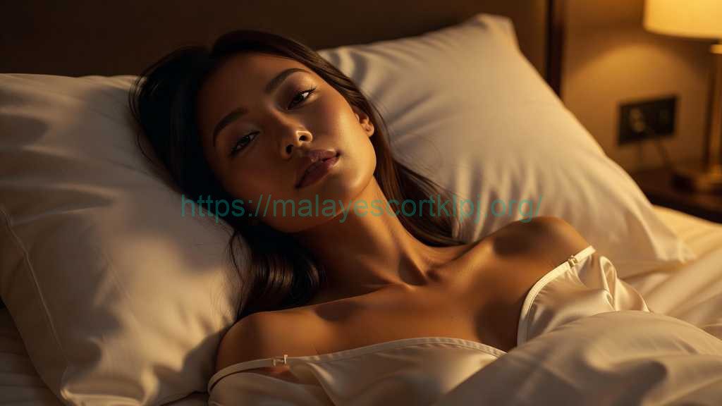 Woman in bed with white silk top, soft lighting