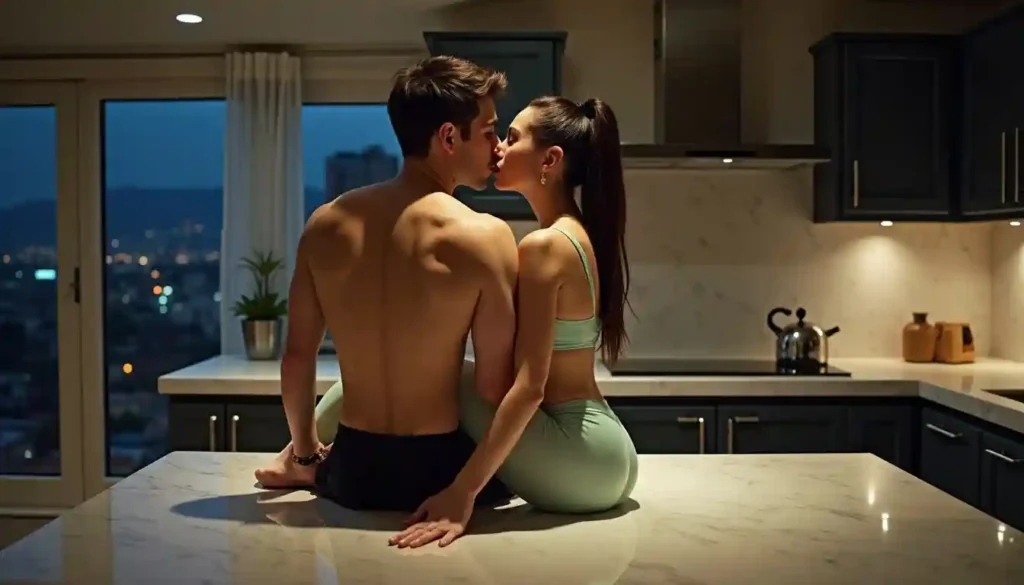 Couple kissing in a modern kitchen with city lights in the background.