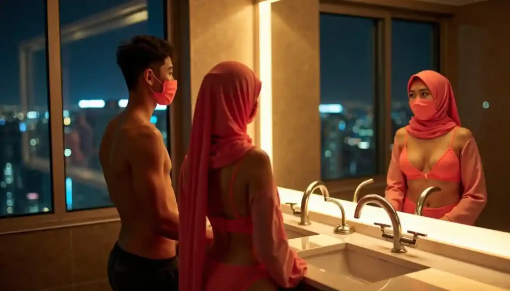 Couple in pink hijabs and masks in a modern bathroom with city view