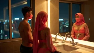 Couple in pink hijabs and masks in a modern bathroom with city view