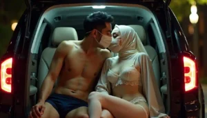Couple in masks kissing in the back of a car