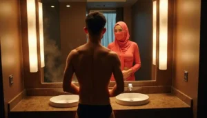 Man in bathroom looks at reflection of woman in hijab