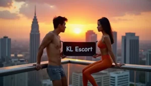 Couple holding "KL Escort" sign on rooftop at sunset