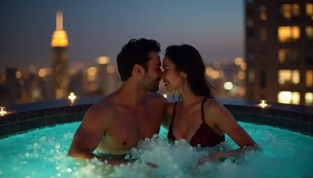 Couple in hot tub on rooftop with city skyline at dusk