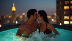 Couple in hot tub on rooftop with city skyline at dusk