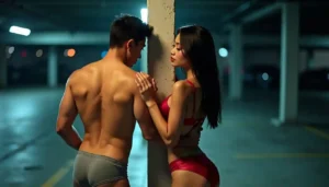 Couple embracing in a dimly lit parking garage