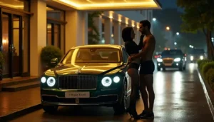 Couple embracing by a green luxury car at night